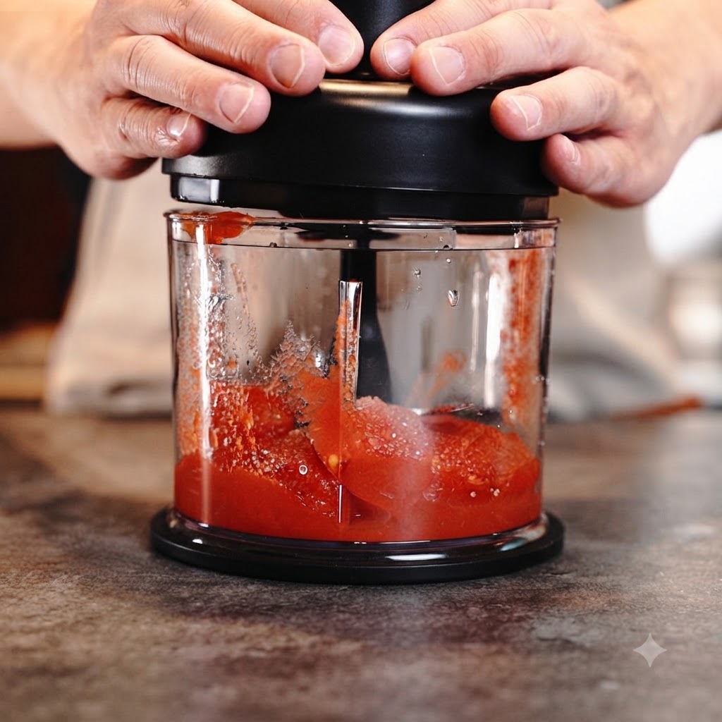 Hände drücken auf den Deckel eines kleinen elektrischen Mixers, der Tomaten zerkleinert.