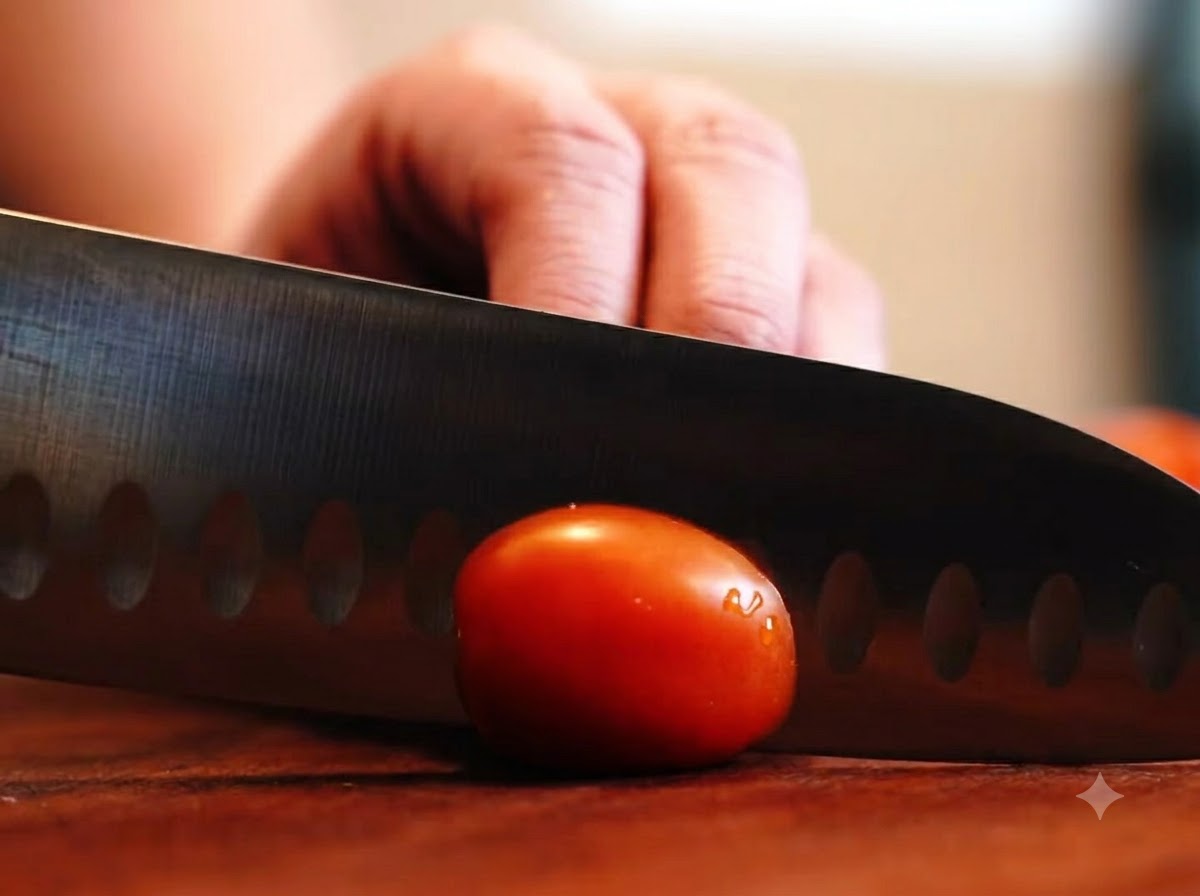 Ein scharfes Kochmesser halbiert eine Kirschtomate auf einem Holzbrett.