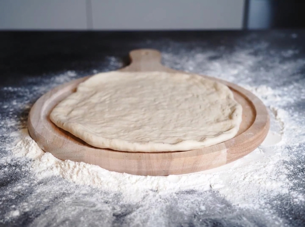 Rote Tomatensauce wird in kreisenden Bewegungen gleichmäßig auf einem runden Pizzateig verteilt.