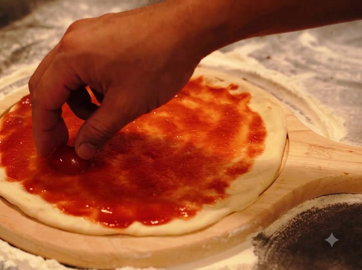 Eine Hand legt halbierte Kirschtomaten auf einen mit roter Sauce bestrichenen runden Pizzateig.