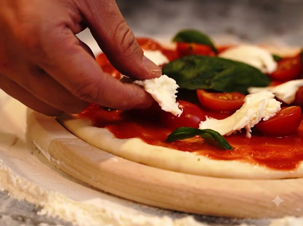 Eine Hand legt zerzupfte Stücke weißen Mozzarella auf einen Pizzaboden mit Tomaten und Basilikumblättern.