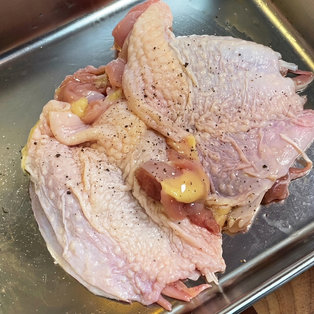 Rohes Hähnchenschenkelfilet gewürzt mit schwarzem Pfeffer, Salz und Rosmarin in einer Metallschale.