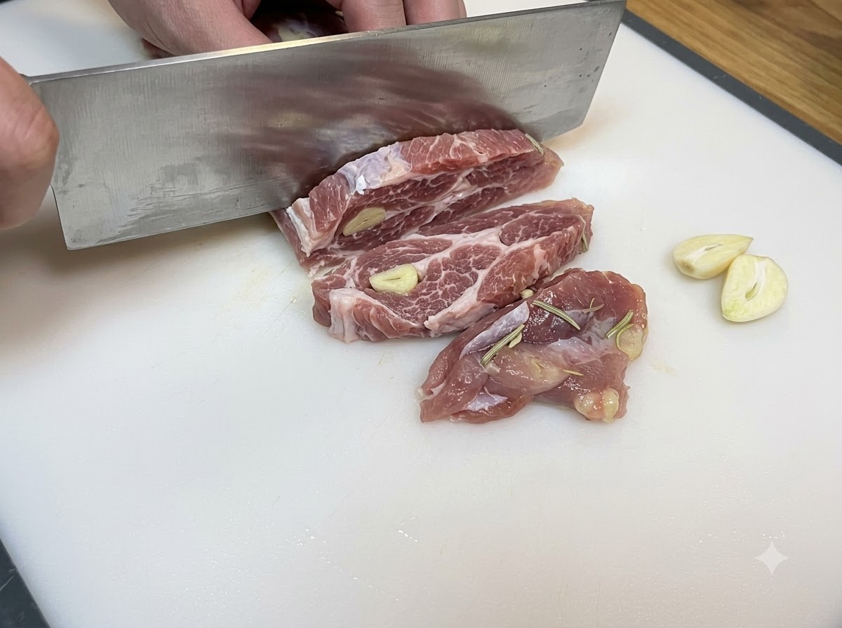 Hände schneiden mariniertes rohes Hähnchen mit einem großen Messer auf einem weißen Schneidebrett in Streifen.