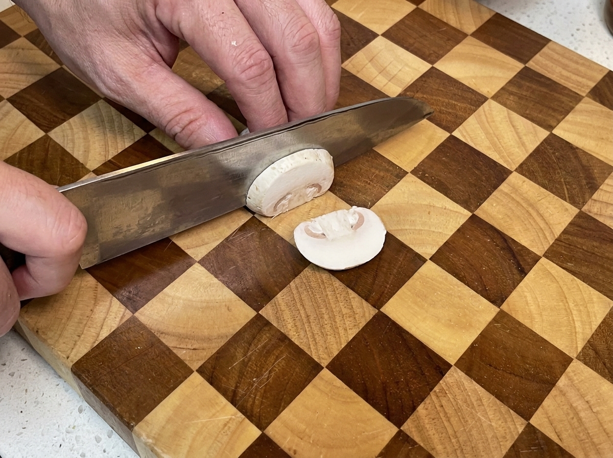Eine Person schneidet einen frischen weißen Champignon auf einem karierten Holzschneidebrett in Scheiben.