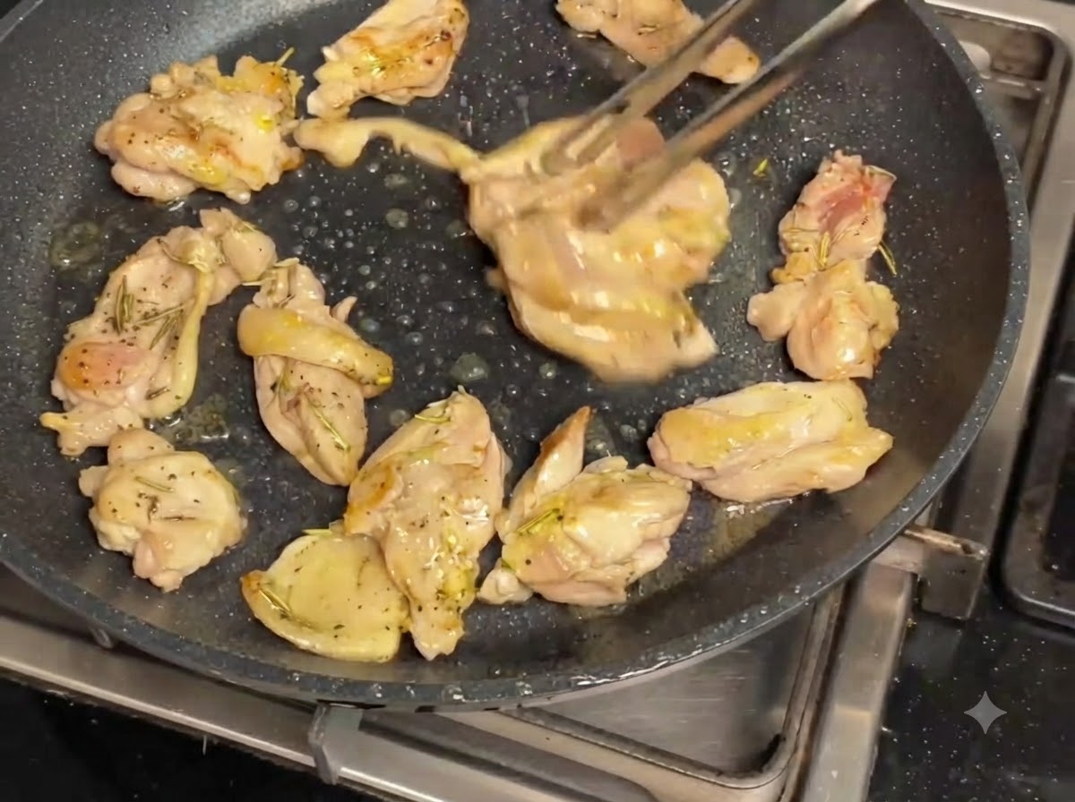 Hähnchenstücke und Pilze brutzeln in einer dunklen Antihaft-Bratpfanne und werden mit einer Zange gewendet.