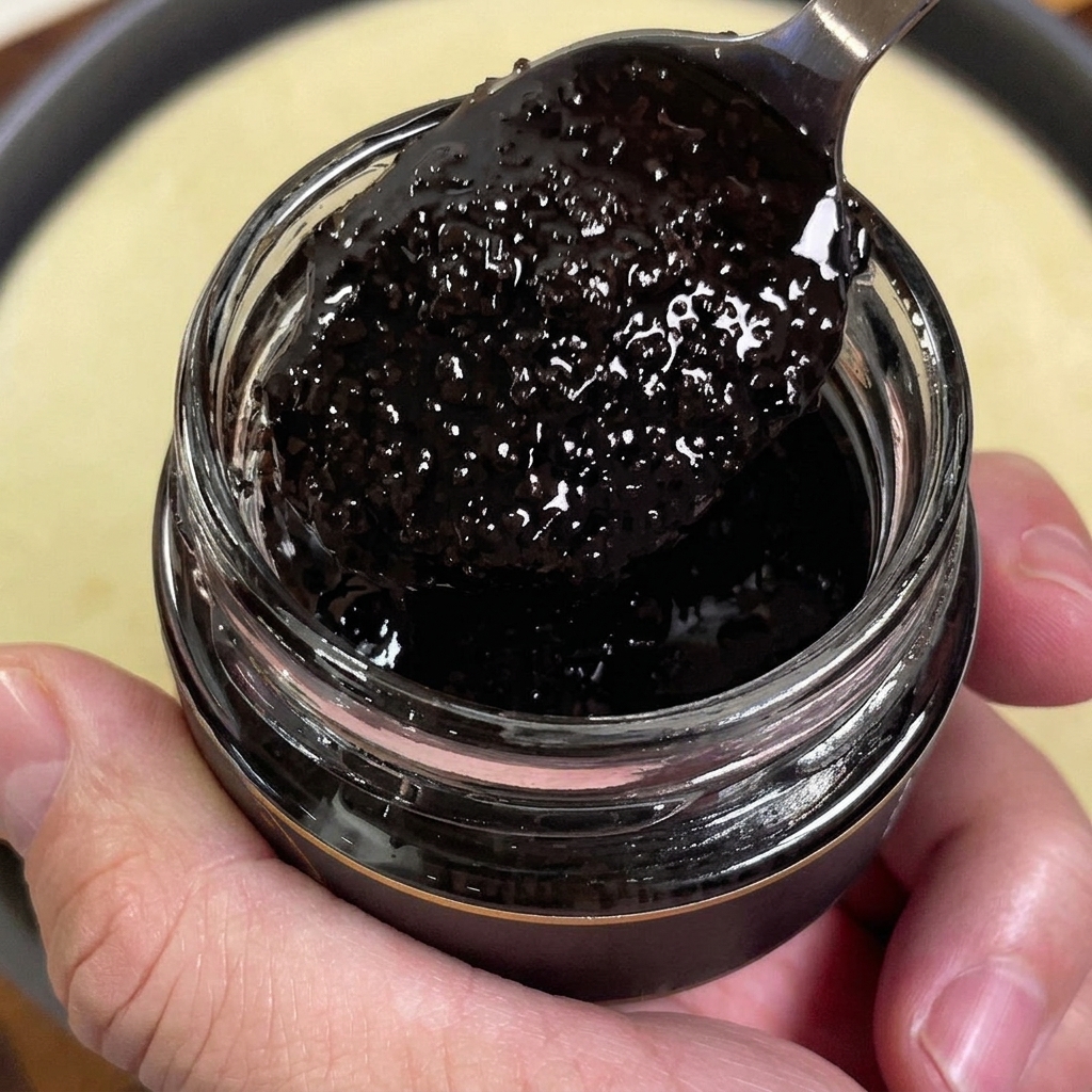Ein Löffel dunkler schwarzer Trüffelsauce wird aus einem Glas über einem Pizzateig geschöpft.