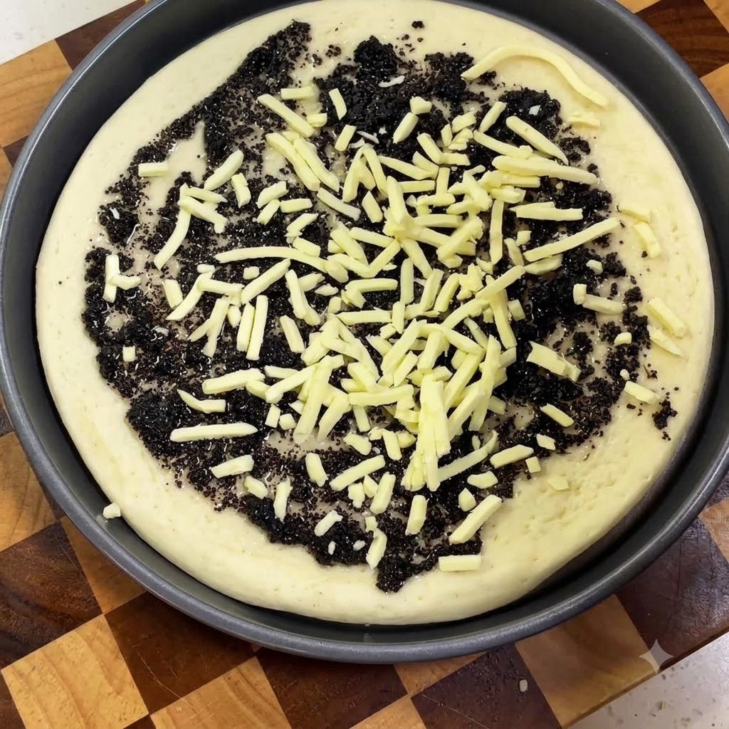 Ein roher Pizzateig in einer Backform, belegt mit einer Schicht dunkler schwarzer Trüffelsauce und geriebenem Käse.