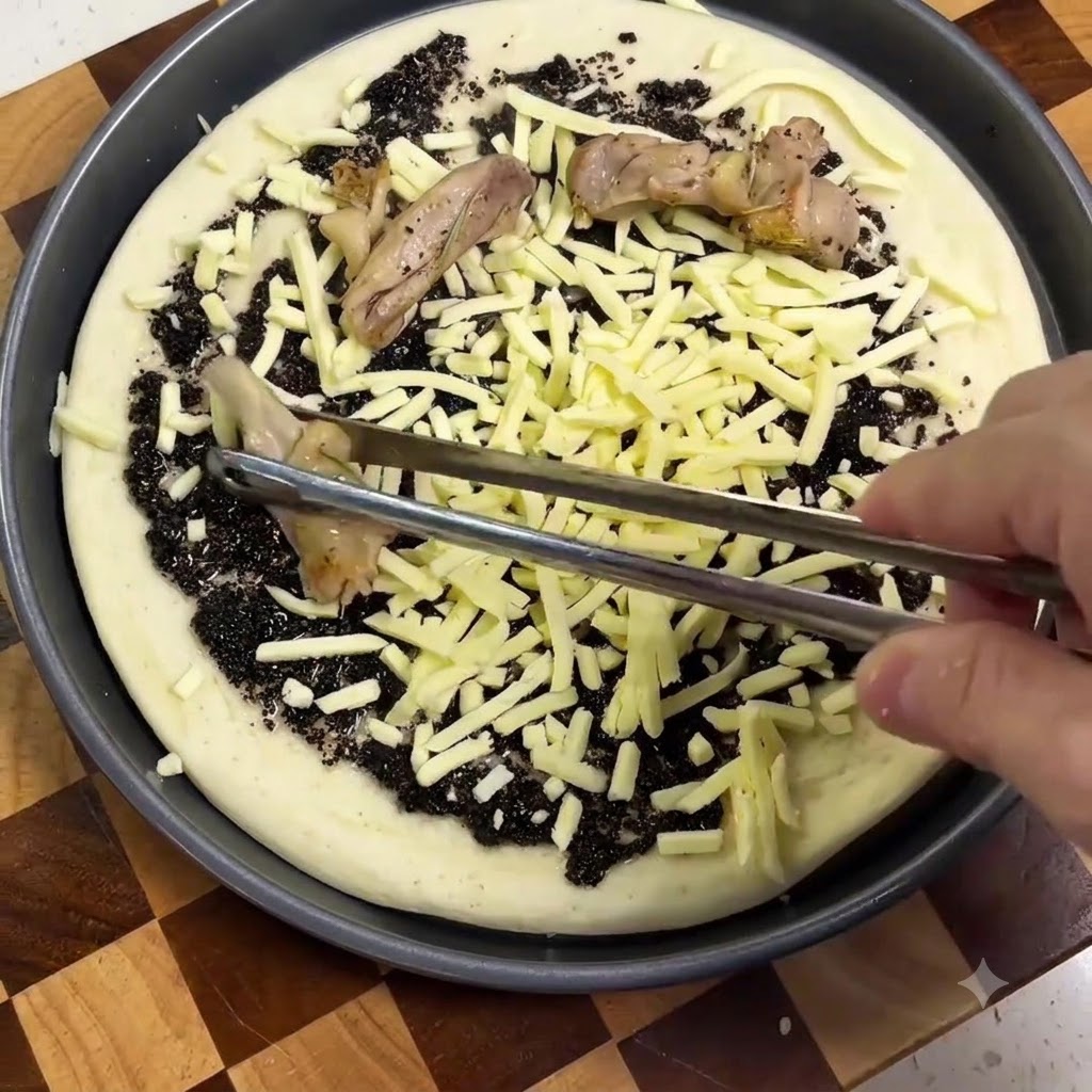 Eine Zange legt gebratene Hähnchenstücke auf einen Pizzateig, der mit Trüffelsauce und geriebenem Käse belegt ist.