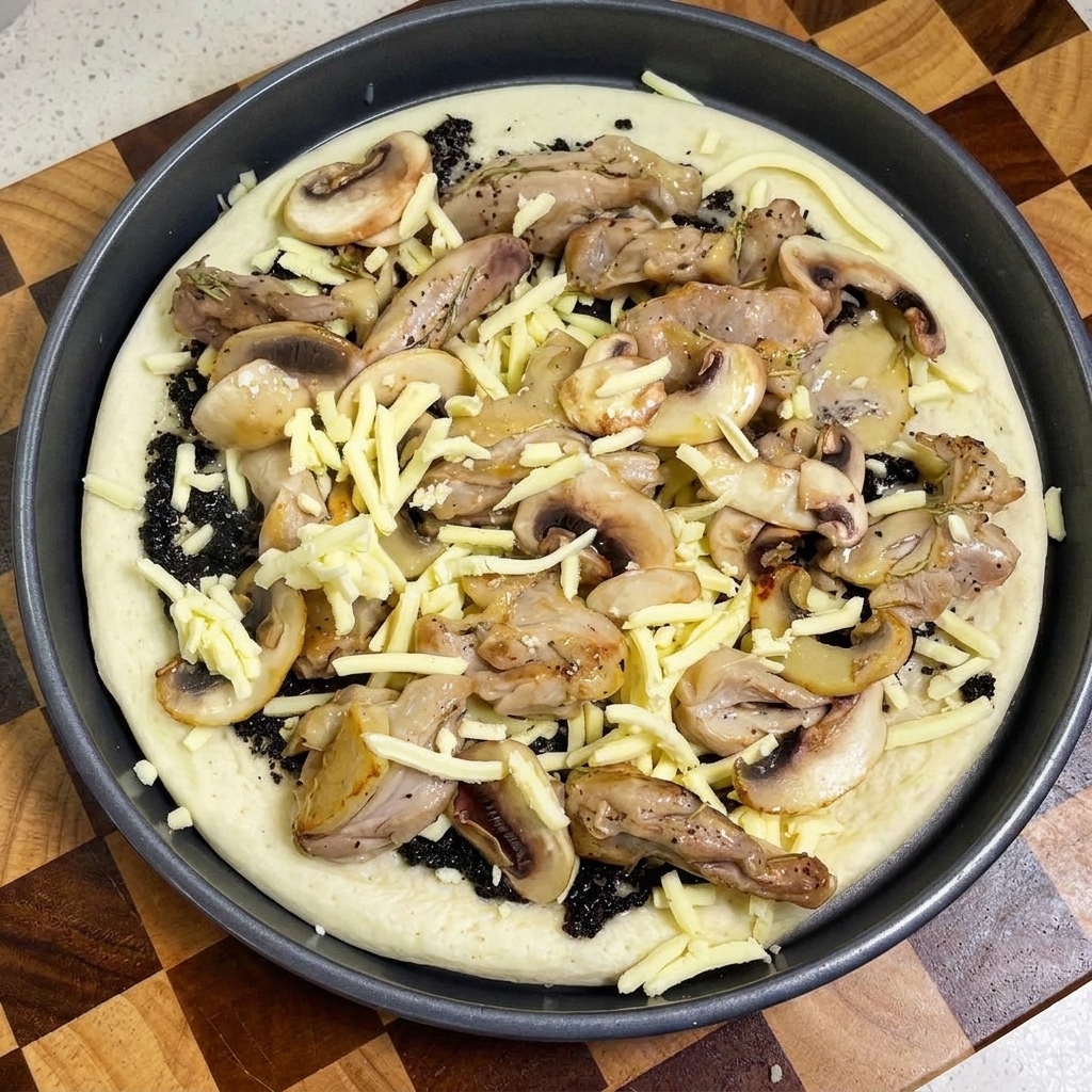 Eine belegte Pizza mit Trüffelsauce, Hähnchen, Pilzen und einer letzten Schicht geriebenem Käse.
