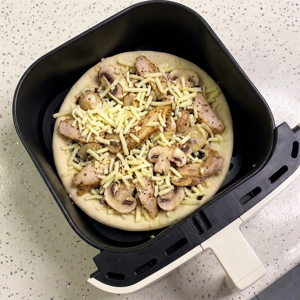 Die rohe, belegte Pizza liegt in einem schwarzen Heißluftfritteusenkorb und ist bereit zum Backen.