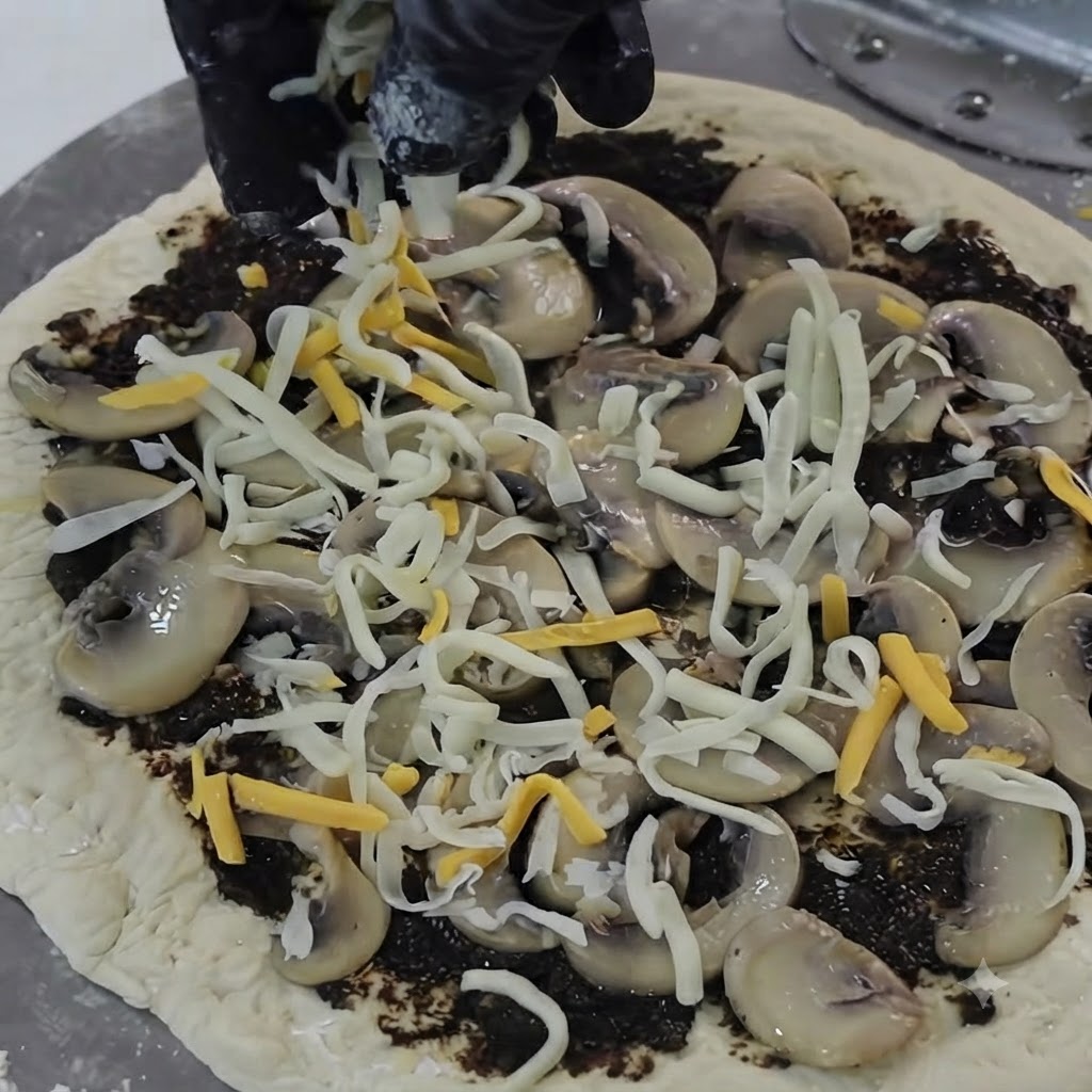 Geriebener Käse wird von oben auf die vorbereitete Pilz-Trüffel-Pizza gestreut.