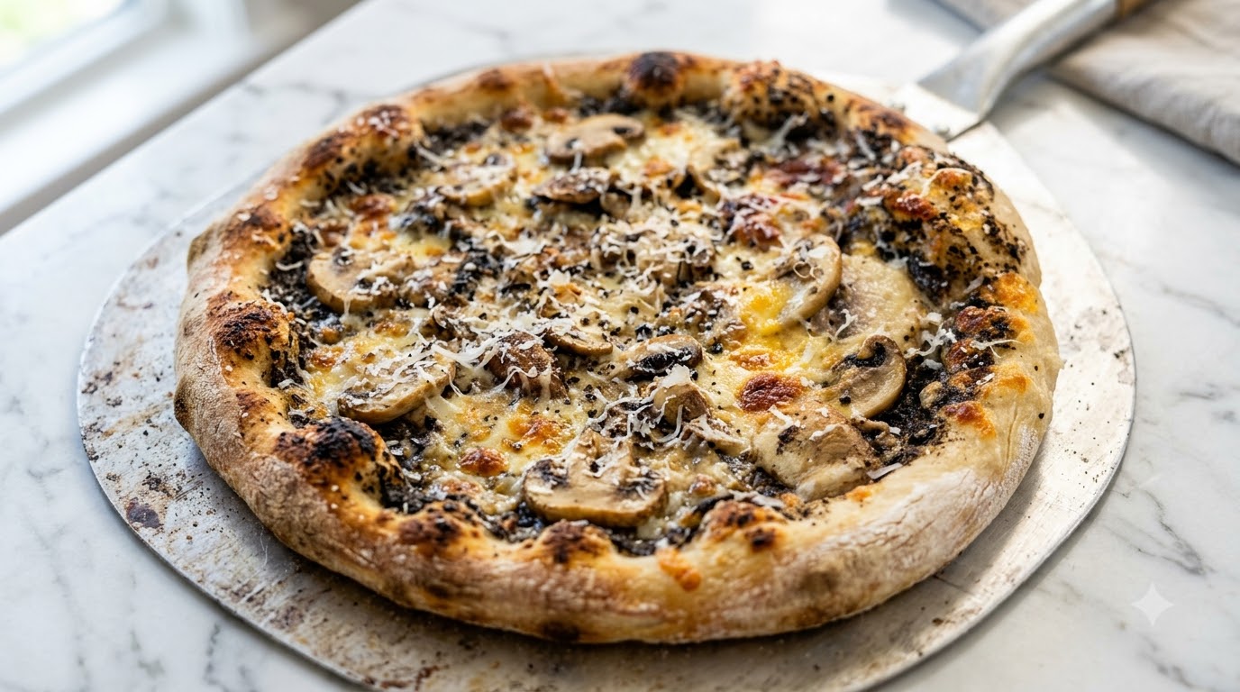 Gourmet-Pizza mit Schwarzem Trüffel und Pilzen