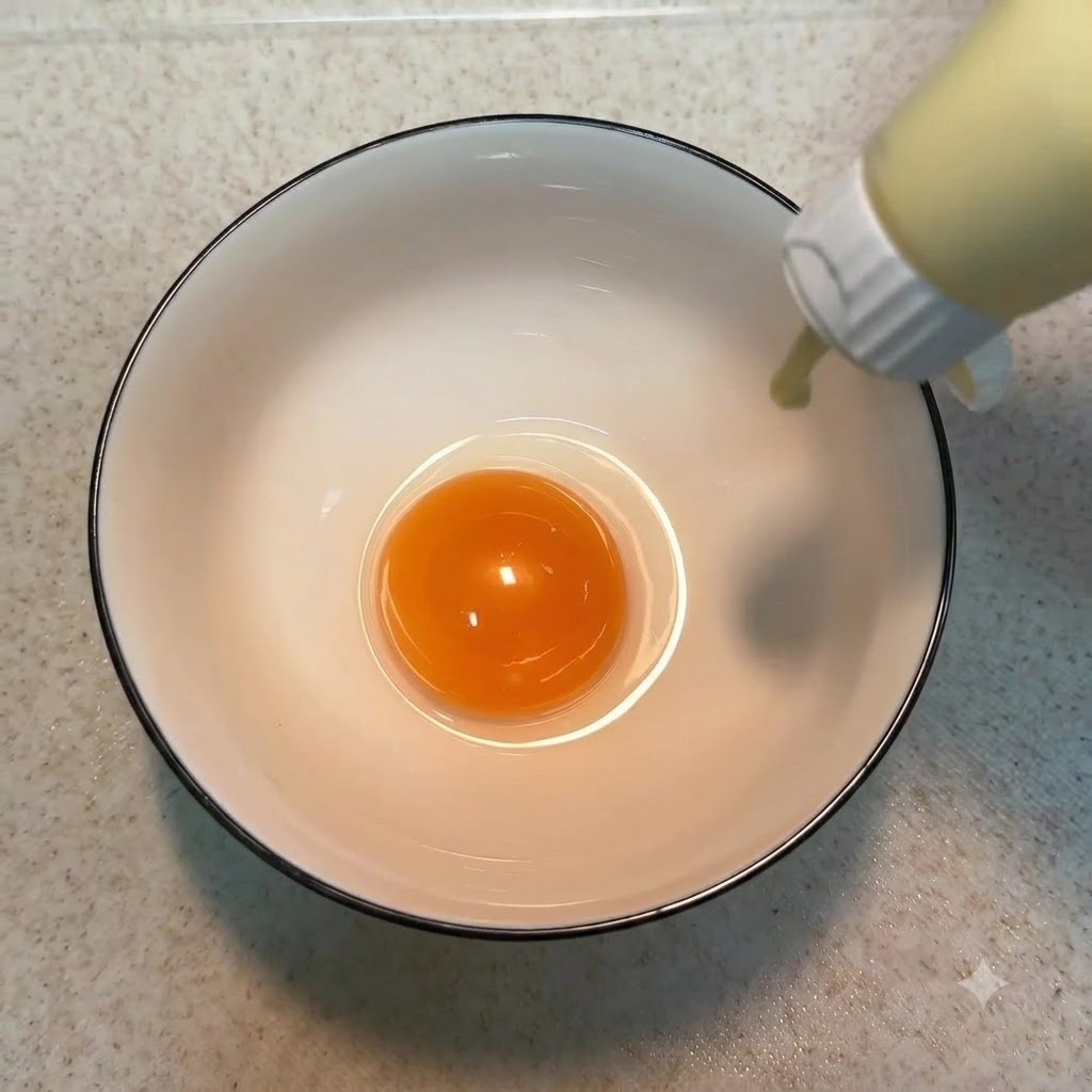 Salatdressing wird aus einer Flasche auf das Eigelb in einer Keramikschüssel gedrückt.