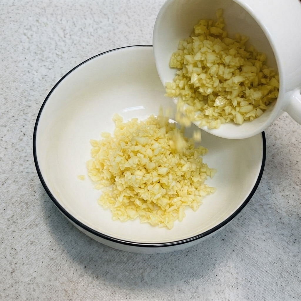 Gehackter Knoblauch wird aus einem kleinen Becher in die Schüssel mit dem Eigelb und der Mayonnaise geschüttet.