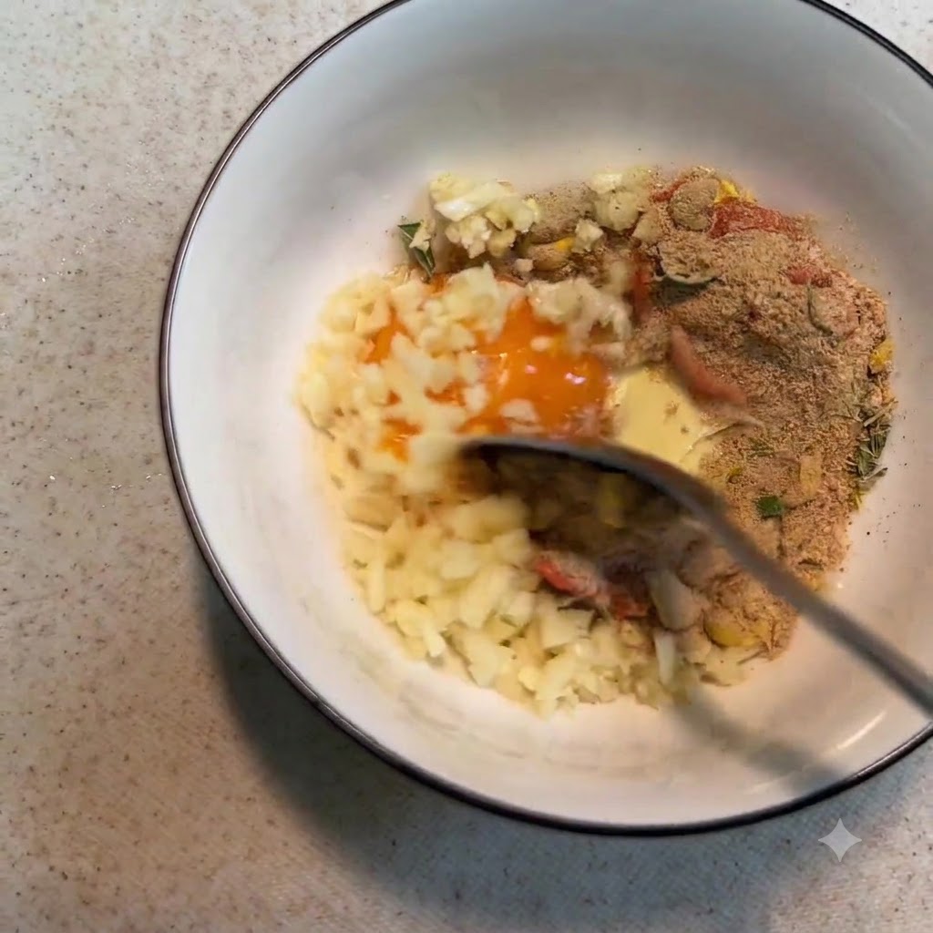 Ein Löffel rührt das Eigelb, den Knoblauch, das Dressing und das Gewürz in der Schüssel zu einer dicken Paste zusammen.