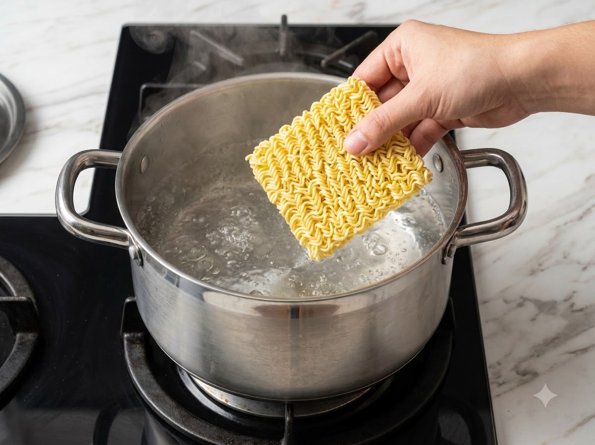 Eine Hand hält einen Block trockener Instant-Ramen-Nudeln über einen Topf mit kochendem Wasser auf dem Herd.
