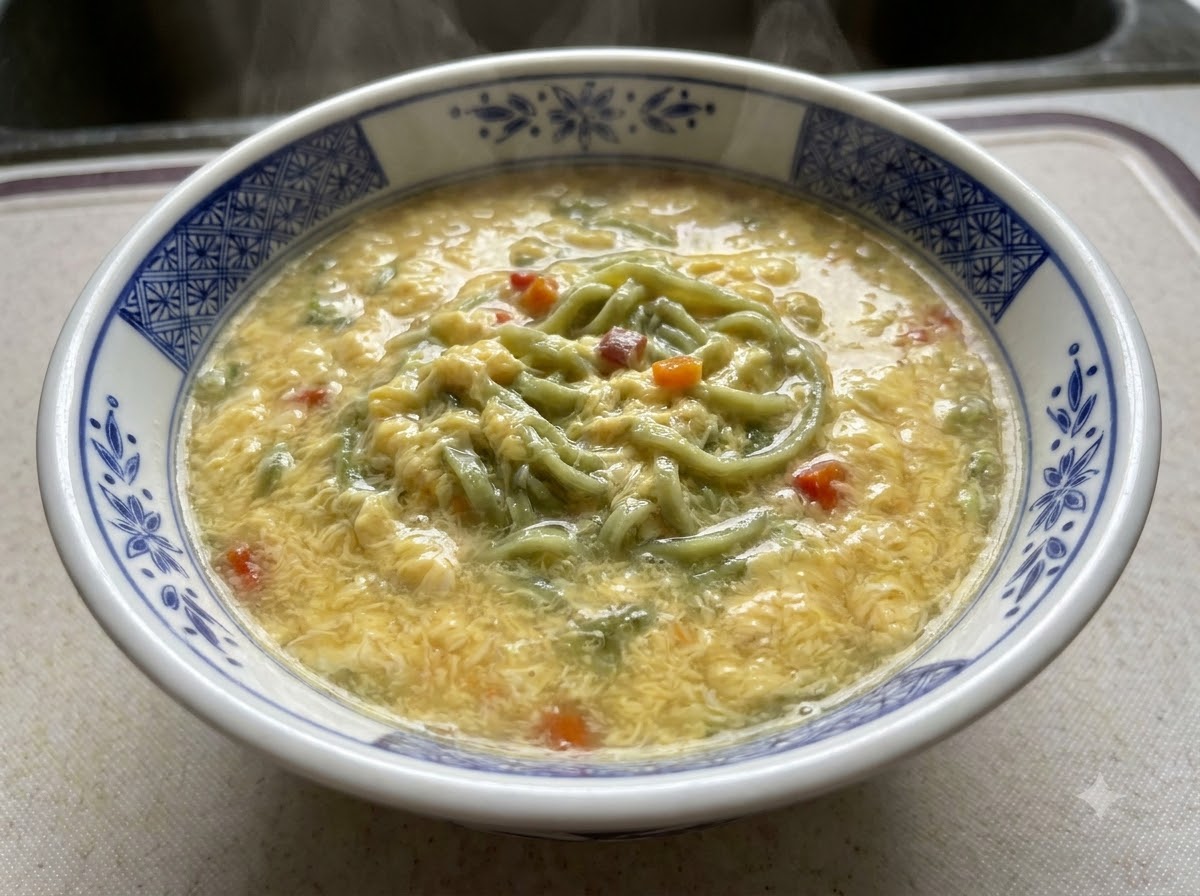 Gekochte Nudeln und cremige Suppe werden in eine blau-weiß gemusterte Schüssel gegossen.