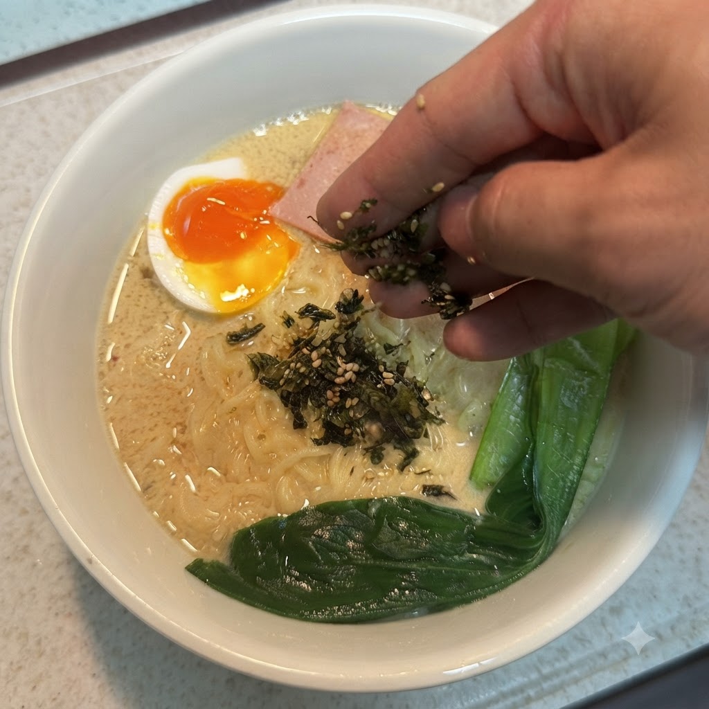 Eine Hand streut Algenflocken und Sesamsamen über eine Schüssel Ramen.