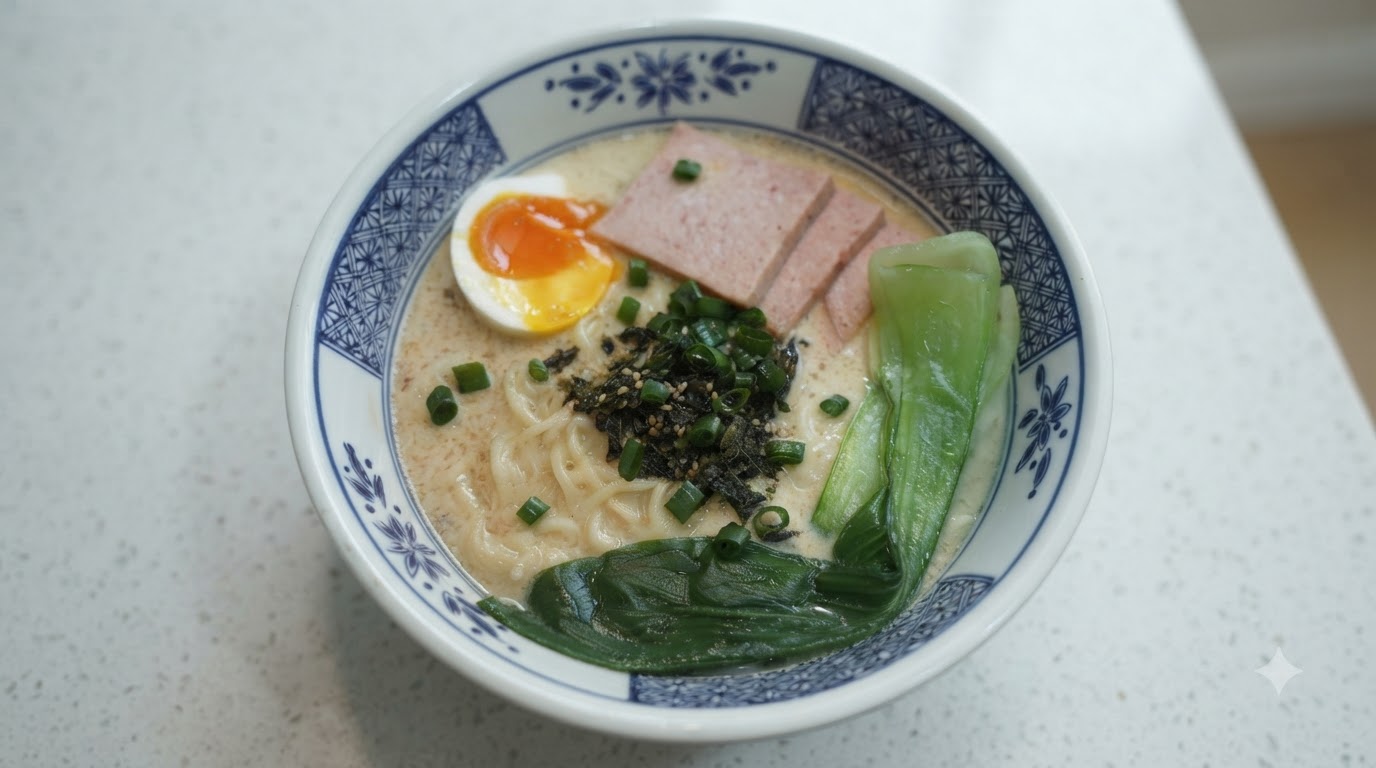 Eine dampfende Schüssel cremige Tonkotsu-Ramen, garniert mit einem weich gekochten Ei, gebratenem Spam, Pak Choi und Algen.