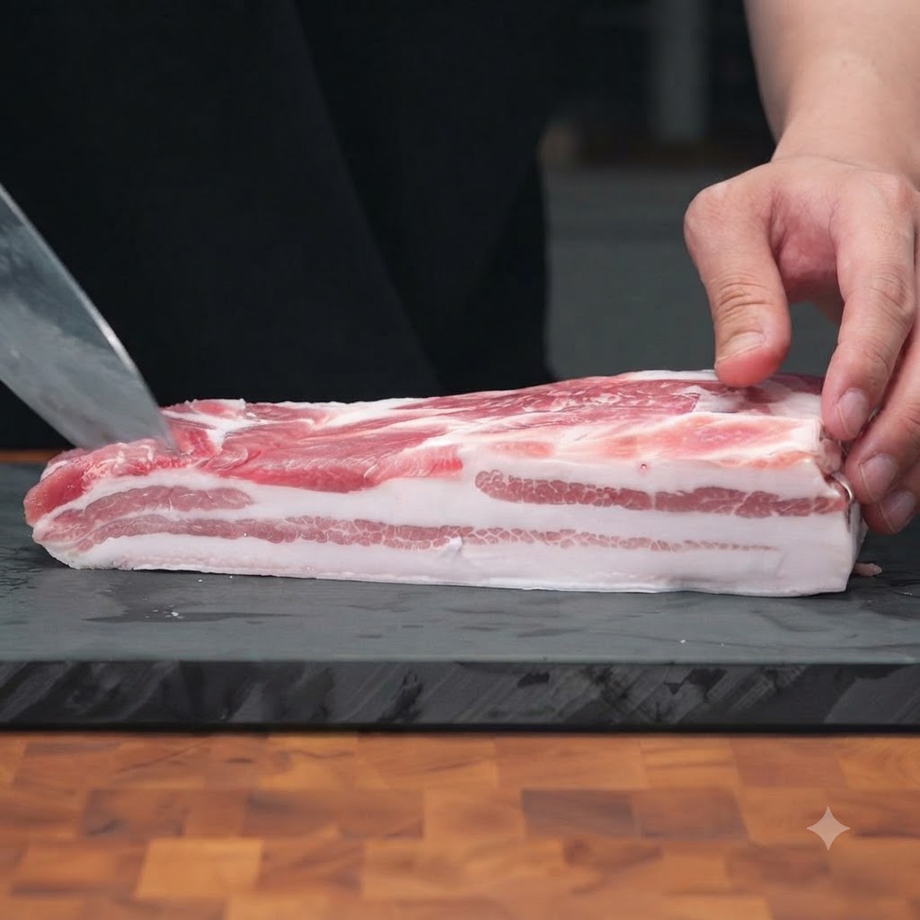 Dicke Streifen roher Schweinebauch werden in kochendem Wasser getaucht und blanchiert.