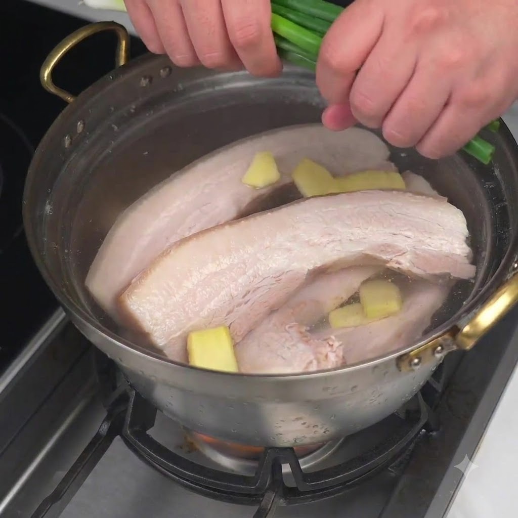 Ingwerscheiben und Frühlingszwiebeln werden in einen Topf mit Wasser und Schweinebauch gegeben.