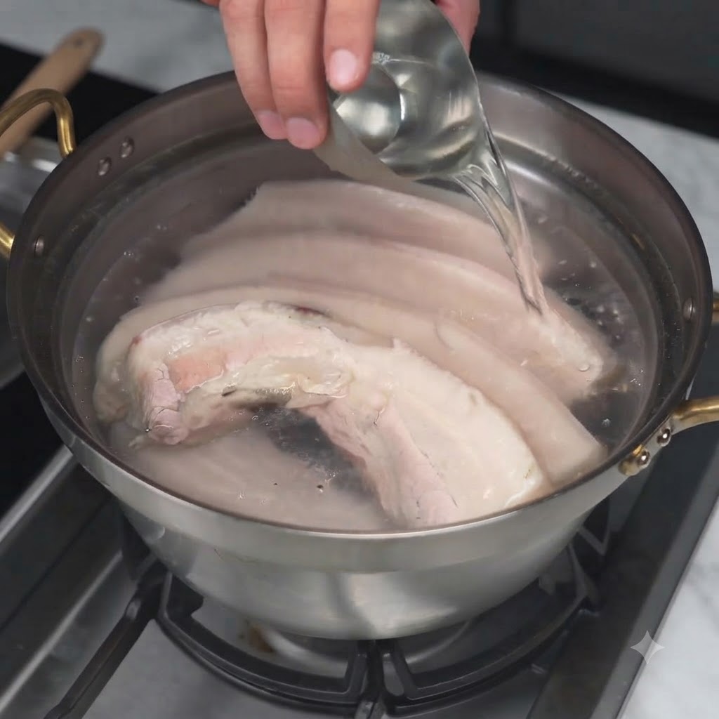 Flüssige Würze wird aus einer Metallkelle in einen Topf mit Schweinebauch gegossen.