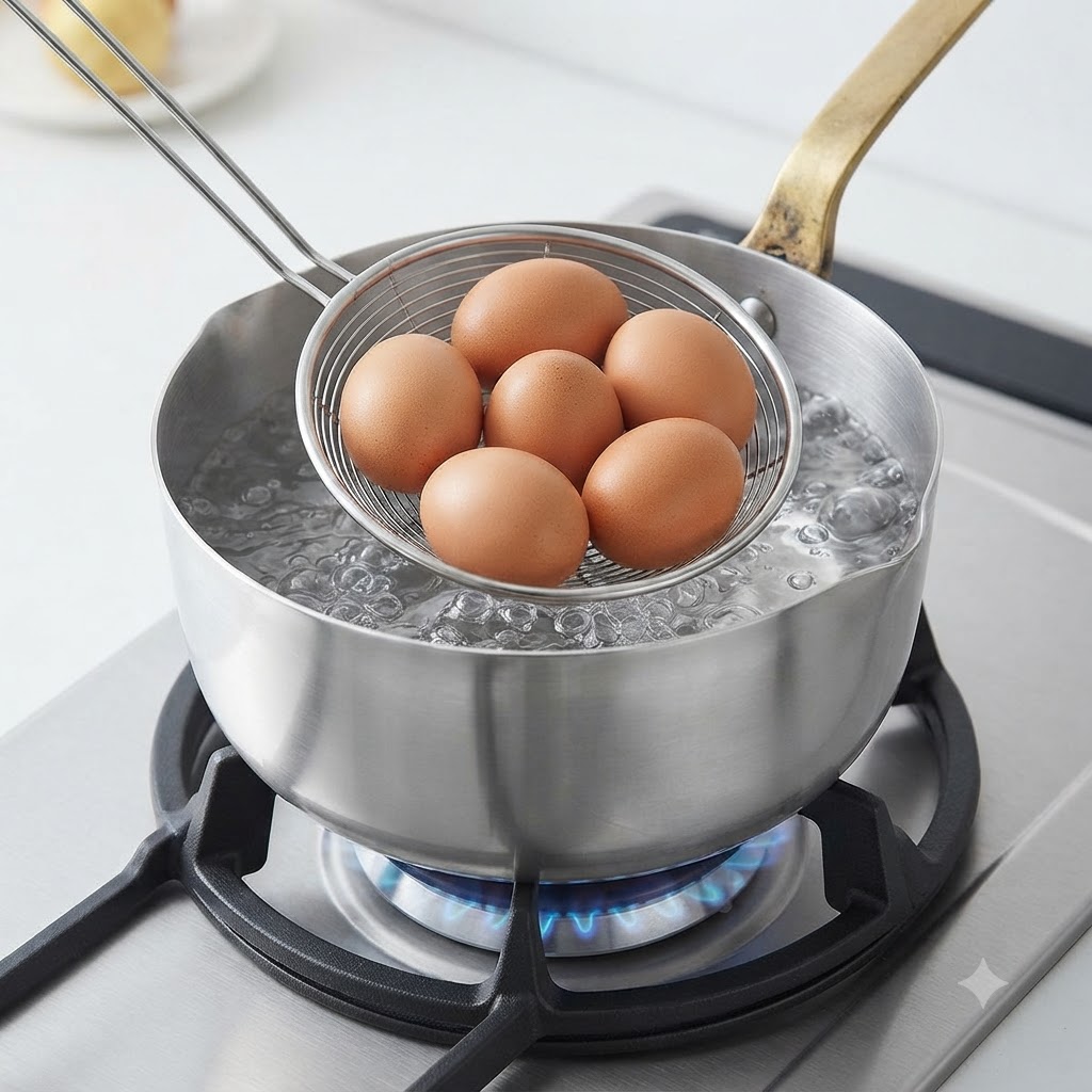 Ein Metallsieb hebt gekochte braune Eier aus einem Topf mit kochendem Wasser.