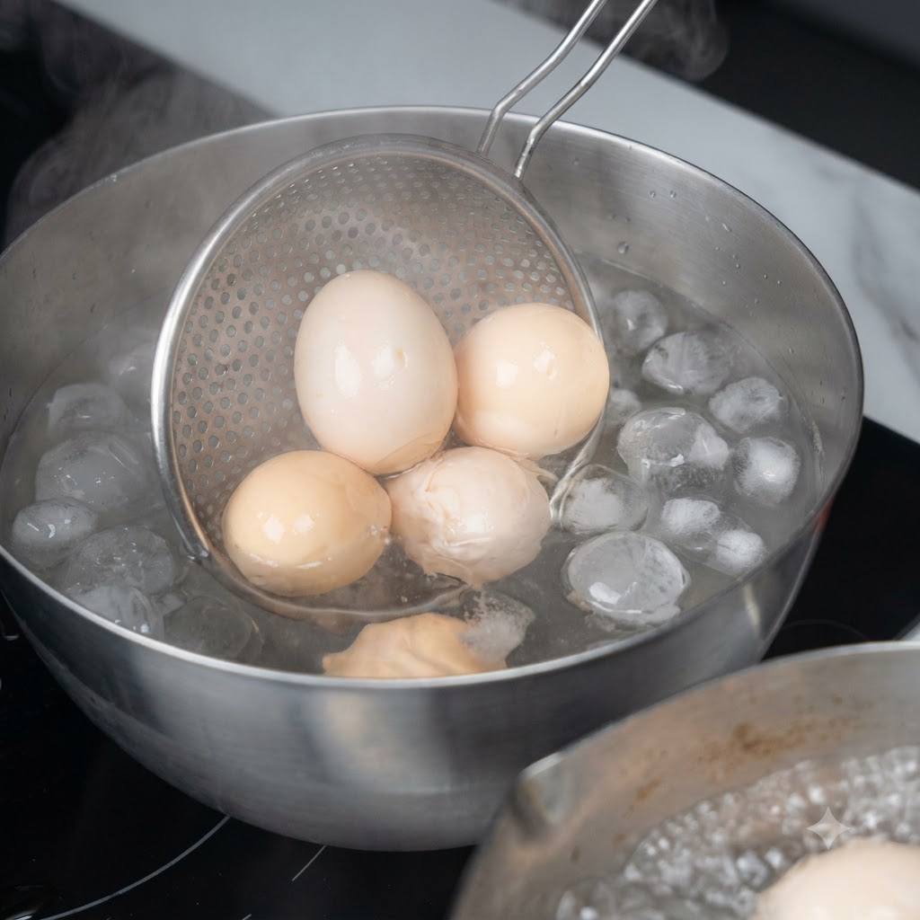 Geschälte weichgekochte Eier werden mit einem Sieb in eine Schüssel mit Eiswasser getaucht.