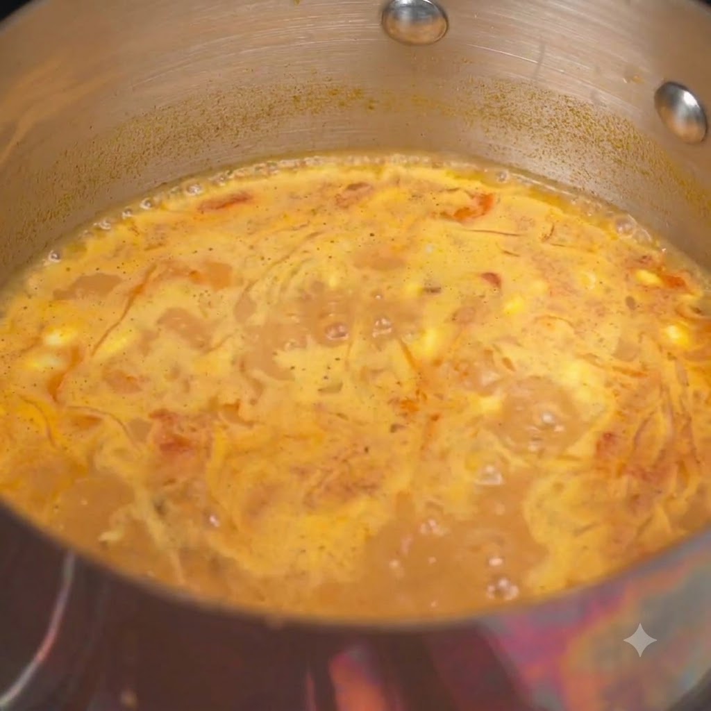 Süßer Essig und Chilipulver werden in den köchelnden Topf mit Ramen-Suppenbasis gerührt.