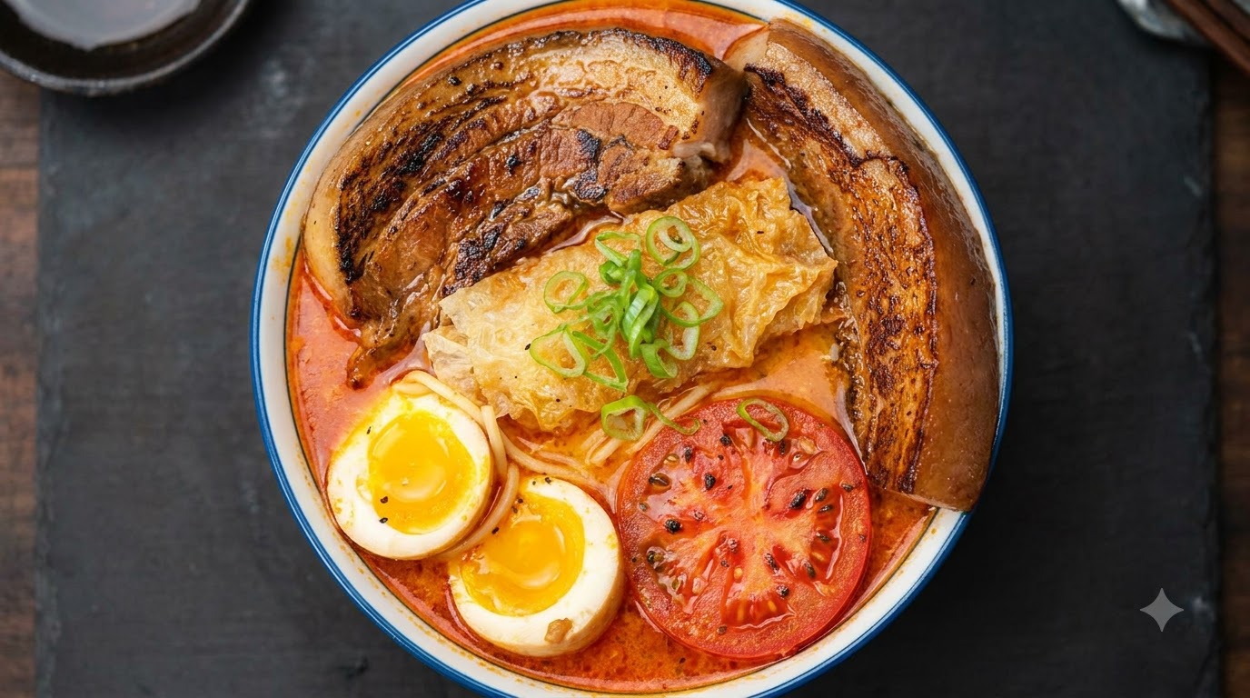 Tomaten-Ramen mit geschmortem Schweinebauch