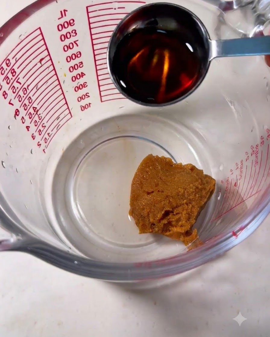 Ein Messbecher mit einem Klecks brauner Miso-Paste, während ein Löffel Mirin hineingießt.