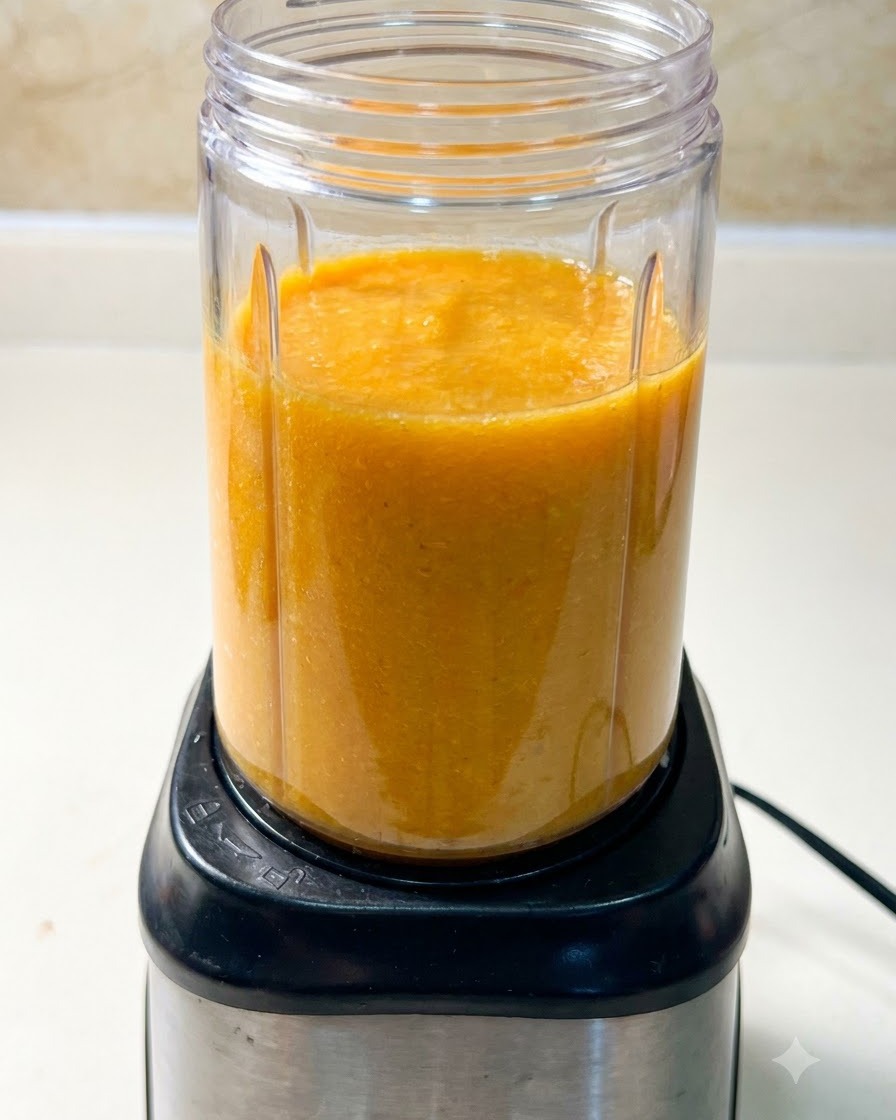 Ein mit einer orangen Suppenmischung gefüllter Blenderbecher auf einem schwarzen Motorteil.