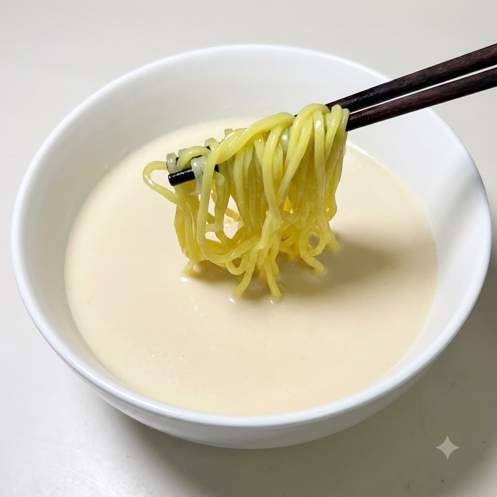 Ein Paar Stäbchen hält goldene Ramen-Nudeln über eine Schüssel mit cremiger, weißer Suppenbasis.