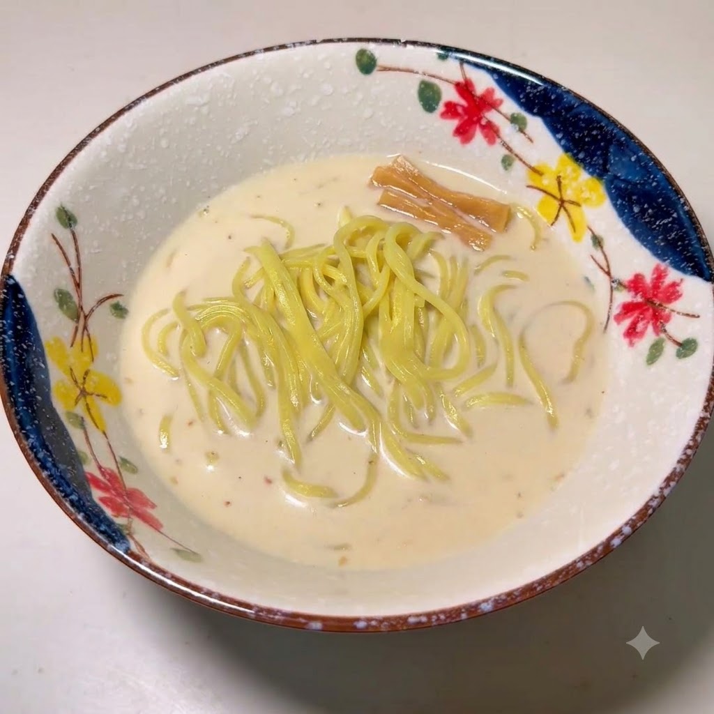 Eine dekorative Schüssel mit Ramen-Nudeln in Brühe, garniert mit Bambussprossen.