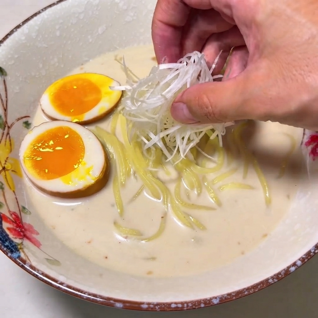 Eine Hand platziert einen Haufen fein geschnittener weißer Frühlingszwiebeln auf eine Ramenschüssel.