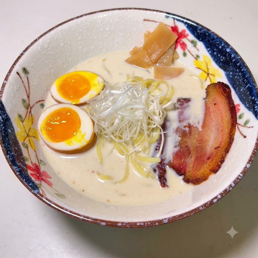 Eine Ramenschüssel mit Bambussprossen, einem halbierten weichgekochten Ei, Frühlingszwiebeln und einer Scheibe Chashu-Schweinefleisch.