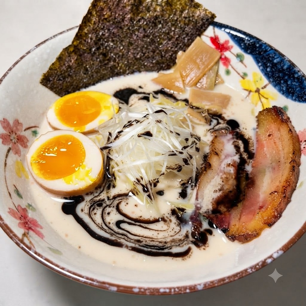 Eine fertig angerichtete Schüssel Ramen, bei der schwarzes Knoblauchöl über Brühe und Zutaten geträufelt wurde.