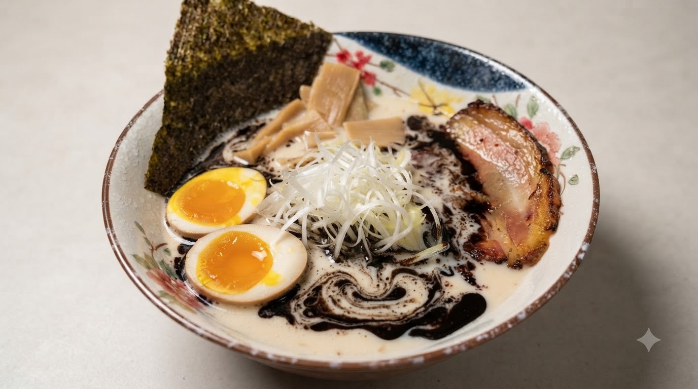 Eine Schüssel Schwarzer-Knoblauch-Tonkotsu-Ramen mit cremiger Brühe, dunklen Knoblauchöl-Strudeln, Chashu-Schweinefleisch und einem weichgekochten Ei.