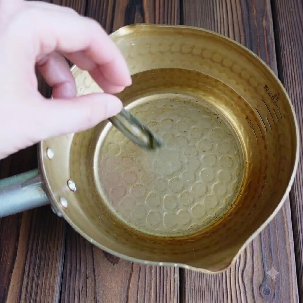 Getrockneter Kombu wird in einen Messingtopf gefuellt mit Wasser gegeben.