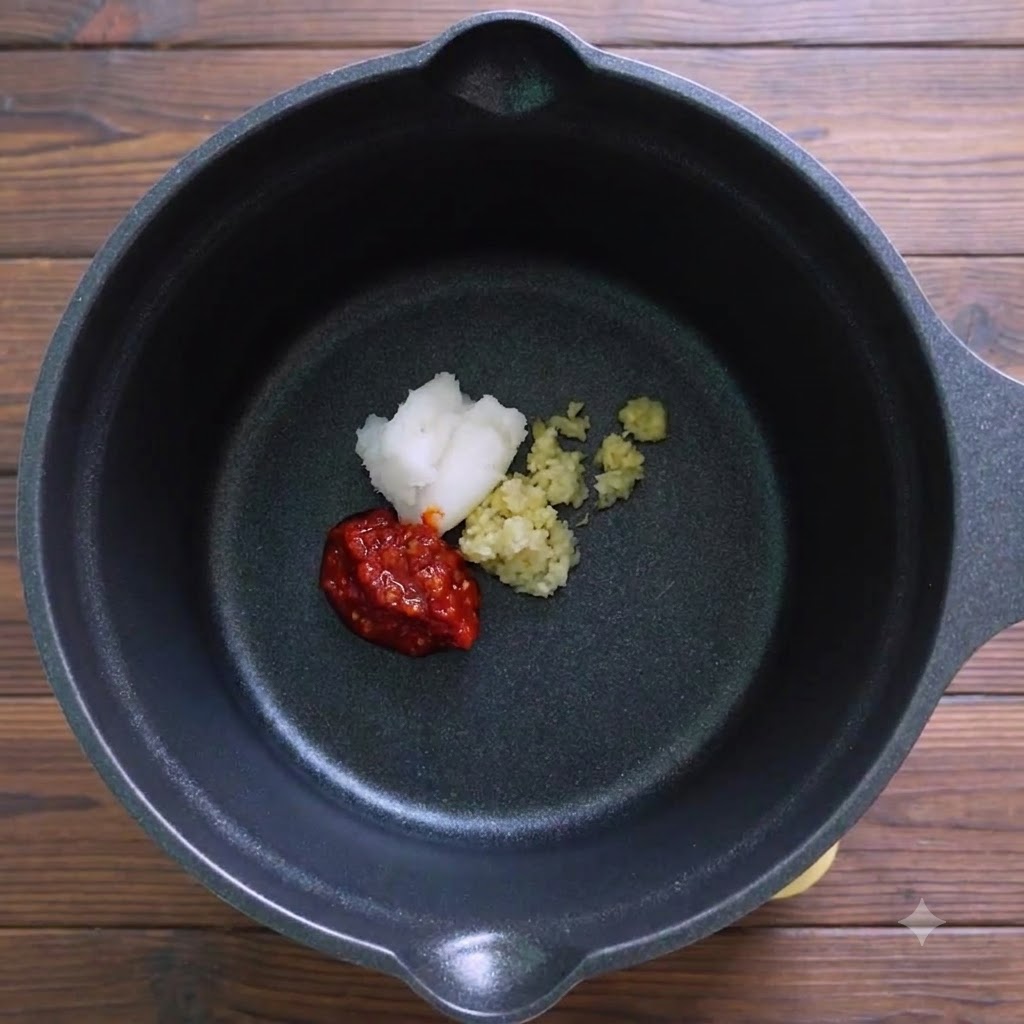Chilipaste, Schweineschmalz und zerkleinerte Gewuerze in einem schwarzen Topf.