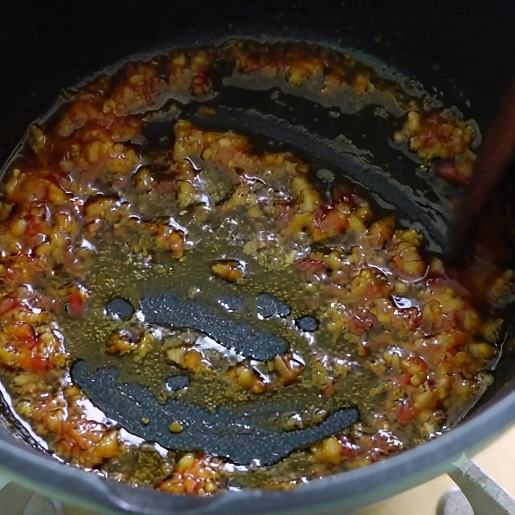 Kombu-Wasser wird ueber die angebratene Knoblauch-, Ingwer- und Chilipasten-Mischung gegossen.
