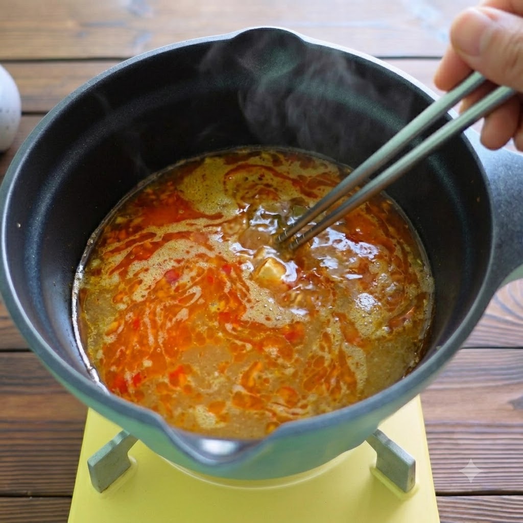 Kombu wird mit Metallstaebchen aus der heissen Bruehe gehoben.