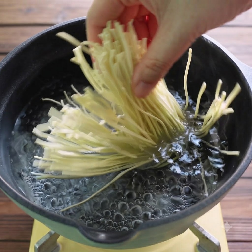 Eine Hand legt ein Buendel frische Ramen-Nudeln in einen Topf mit sprudelnd kochendem Wasser.
