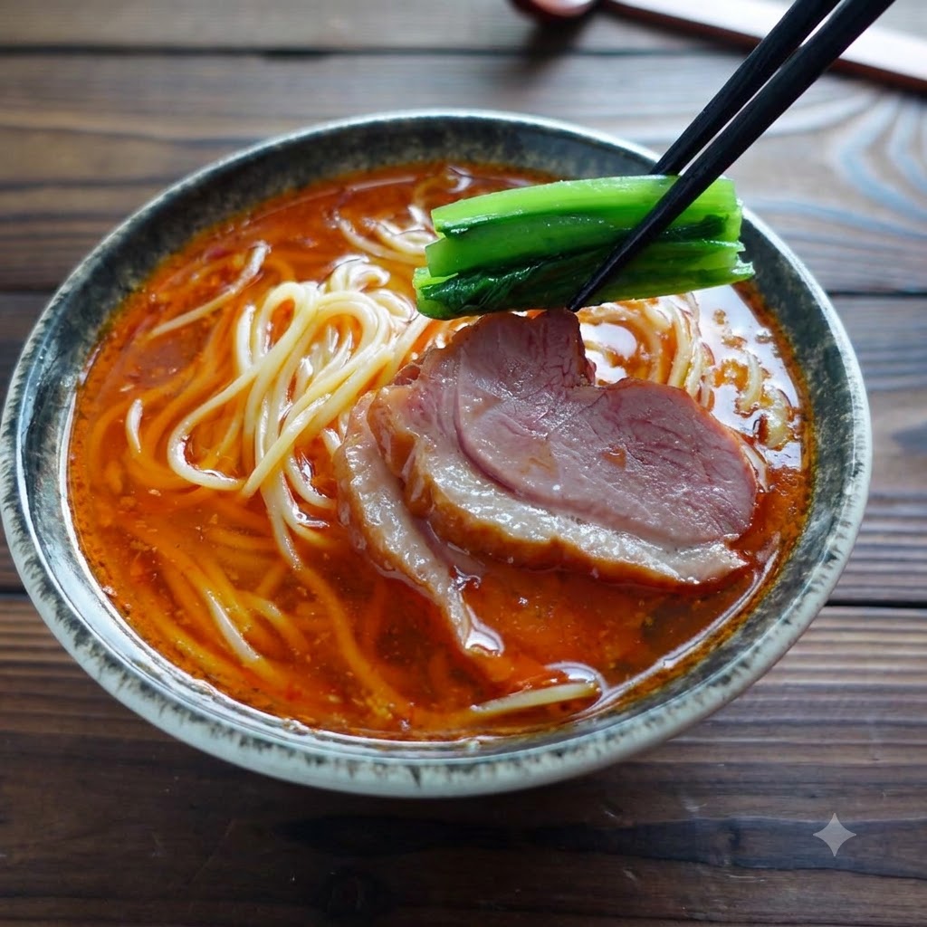 Essstaebchen halten gruenes Gemuese ueber eine Schuessel Ramen mit Fleischscheiben.