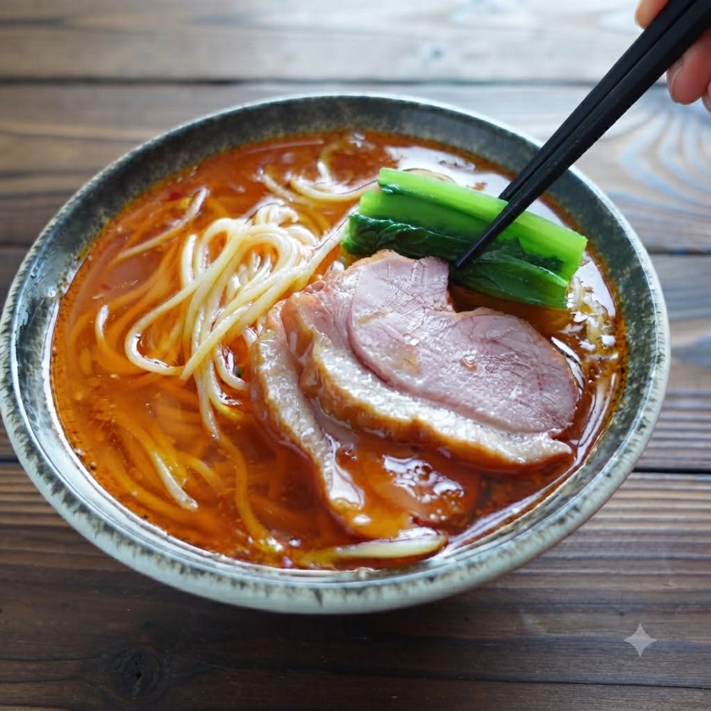 Bambussprossen werden mit Essstaebchen in eine Schuessel Ramen gegeben.