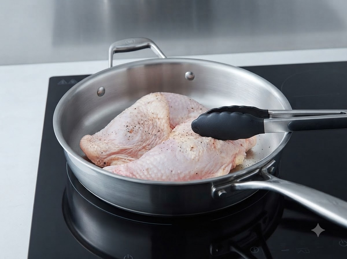 Gewürzte Hähnchenkeulen braten in einer Edelstahlpfanne und werden mit einer schwarzen Zange gewendet.