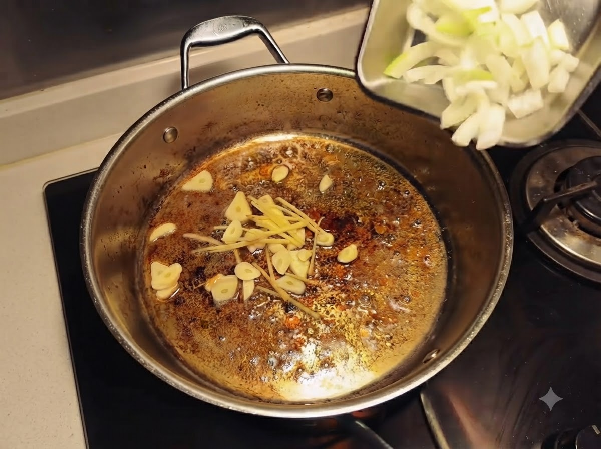 Geschnittene Zwiebeln werden aus einer kleinen Schale in eine Pfanne mit in Öl brutzelndem Knoblauch und Ingwer gegeben.