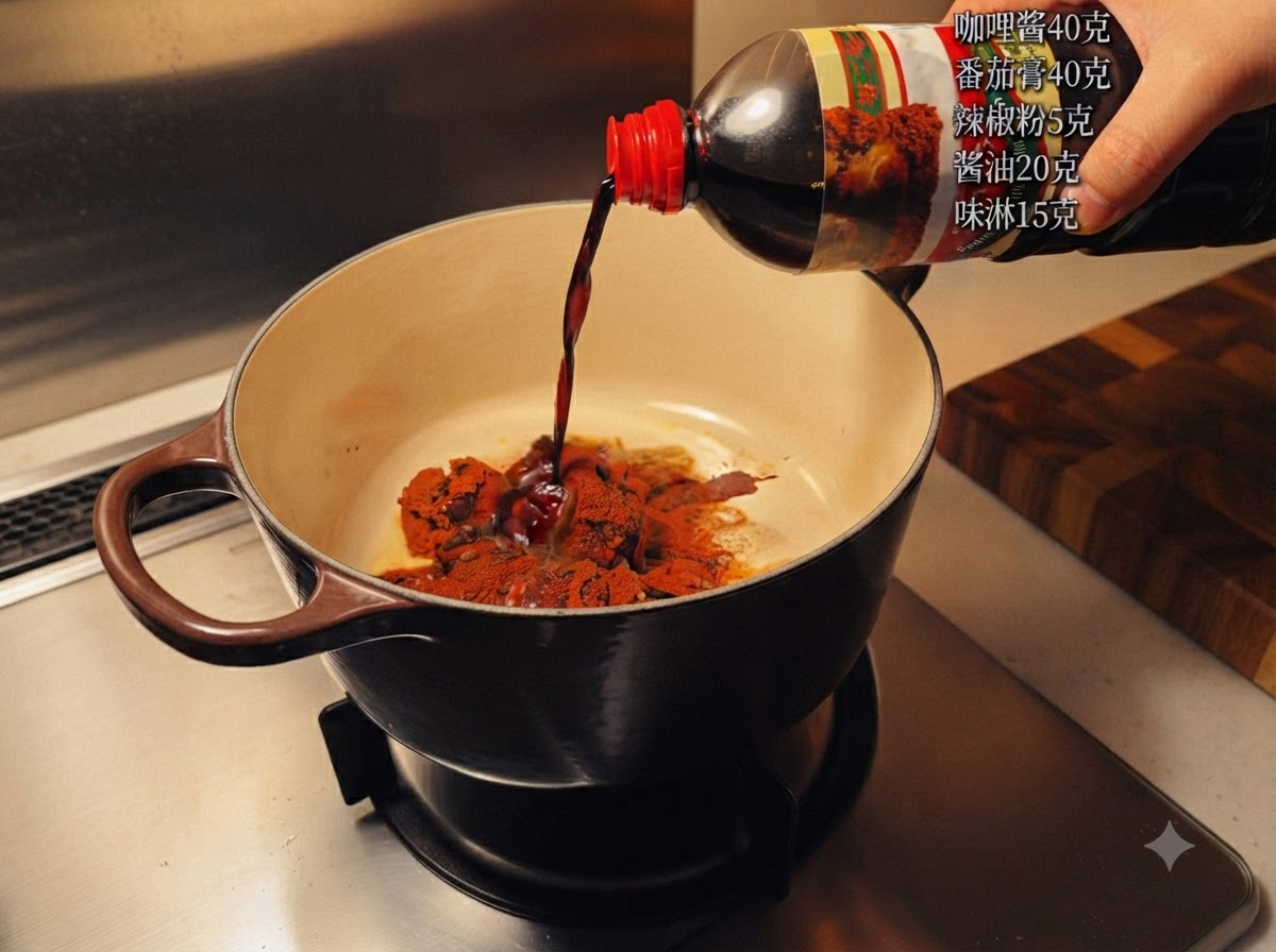 Dunkle Sauce wird aus einer Flasche in einen Topf mit Currypaste und Gewürzen auf einem Herd gegossen.