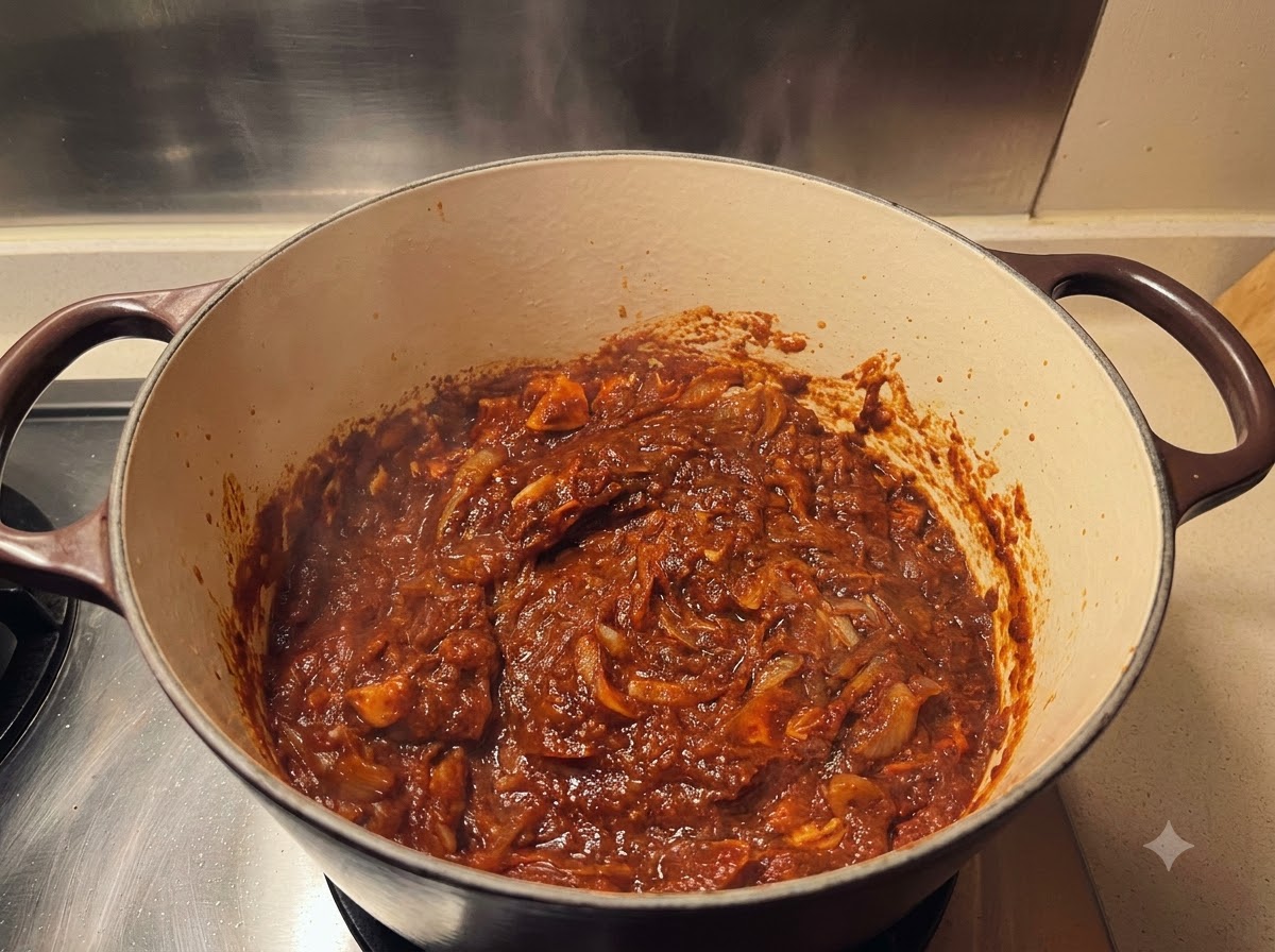 Flüssige Brühe wird in einen großen Schmortopf gefüllt, der eine reichhaltige, dunkle Currypastenbasis enthält.