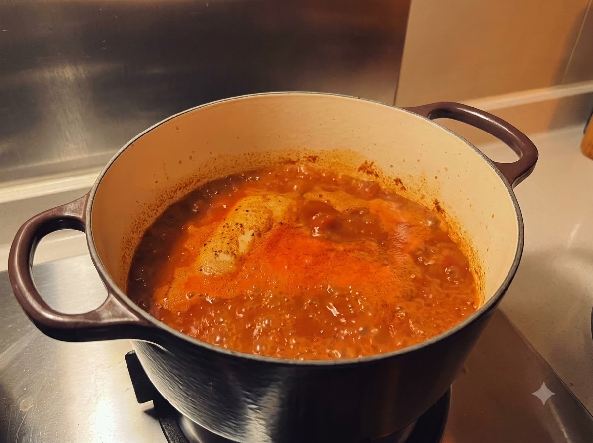 Eine einzelne gewürzte Hähnchenkeule in einer blubbernden, leuchtend rot-orangen Currybrühe in einem Topf.
